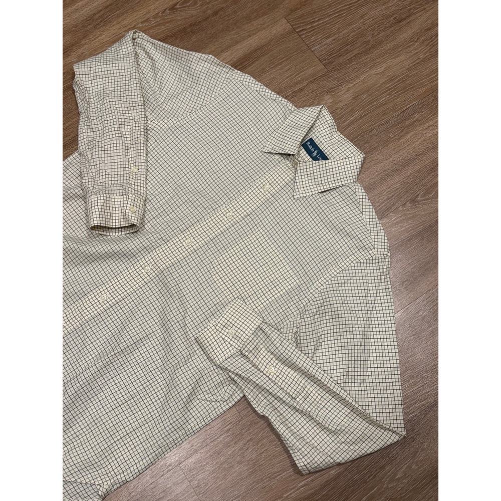 Ralph Lauren Mens Medium Cream Navy Grid Check Button Down Long Sleeve Shirt